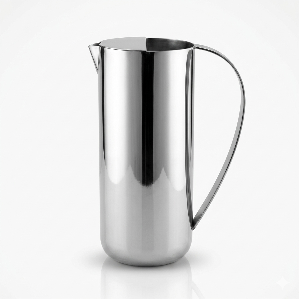 FnS Perry Stainless Steel Water Pitcher/Jug (2000 ml) with mirror finish, curved handle and attached lid on a white background.
