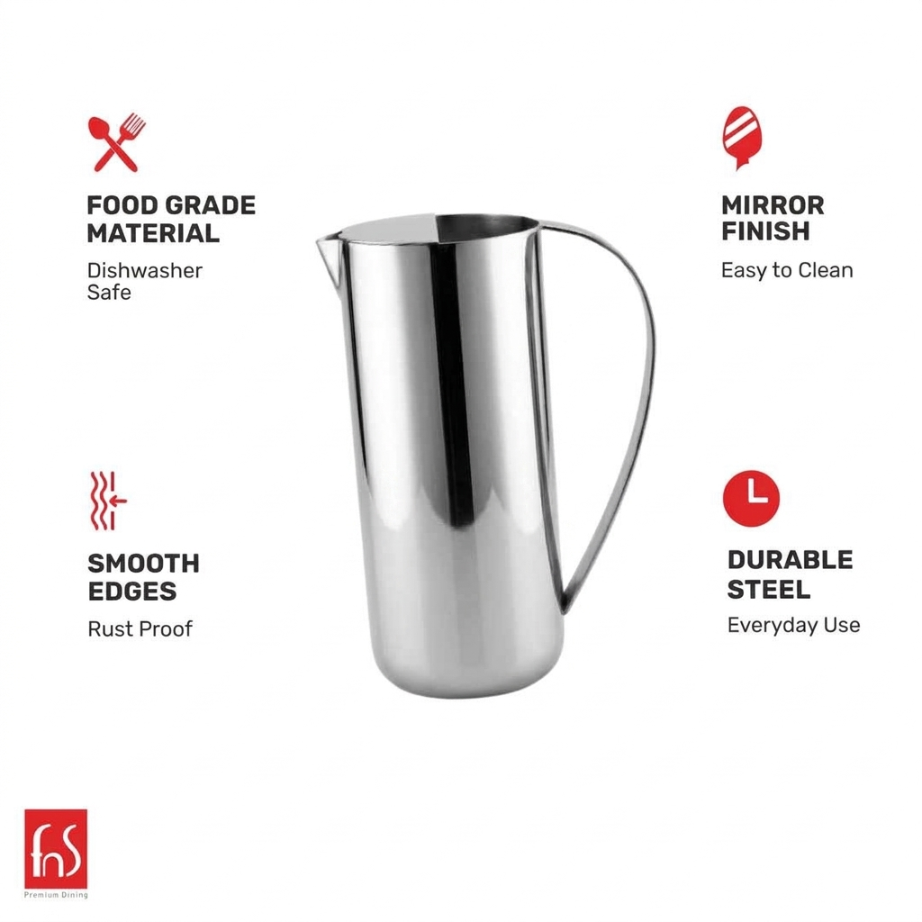 FnS Perry Stainless Steel Water Pitcher/Jug (2000 ml) showcasing food-grade steel, mirror finish and dishwasher-safe design.

