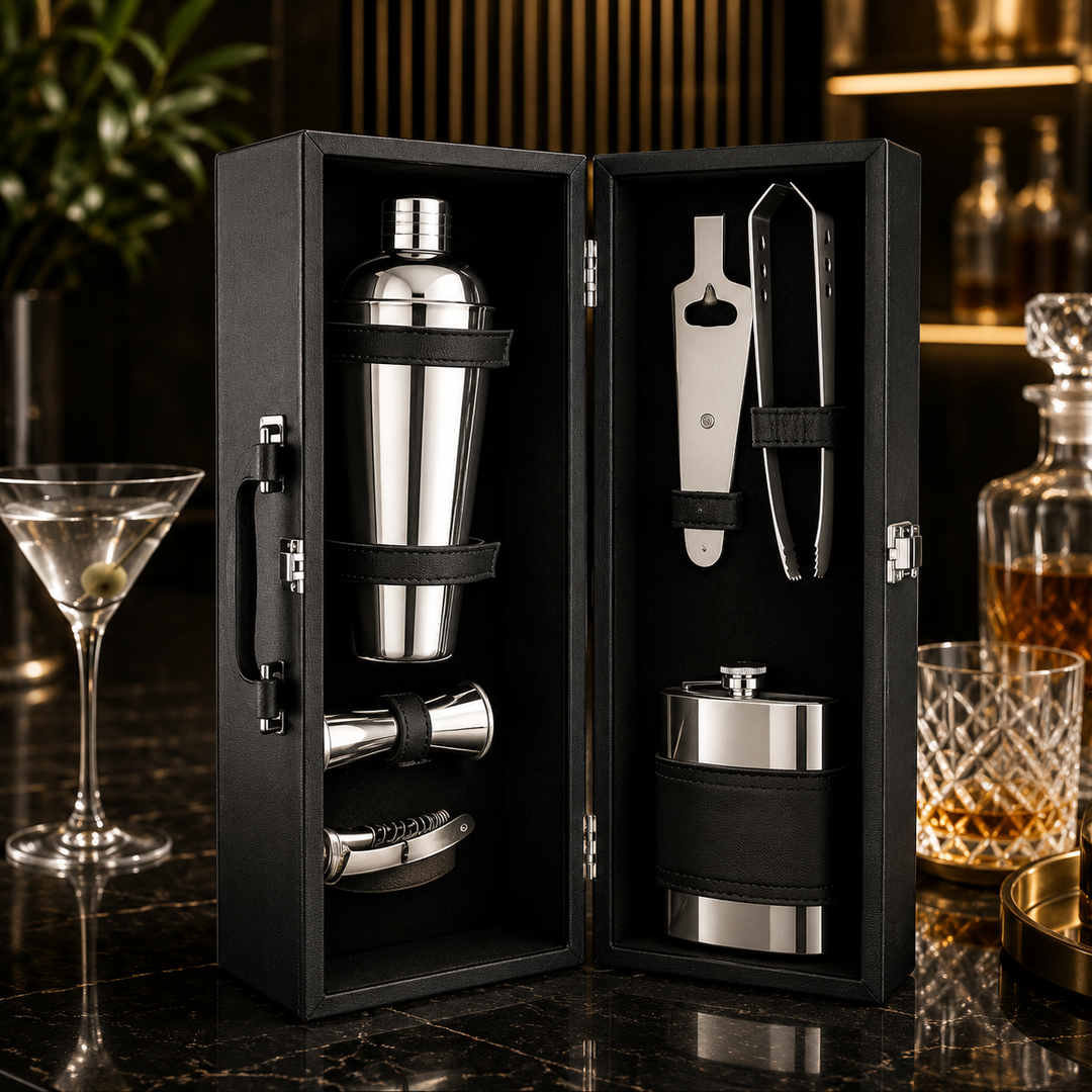 FnS Plain Stainless Steel Bartender Kit 5-Pc shine finish with shaker, ice tong, opener, jigger and flask in black case.