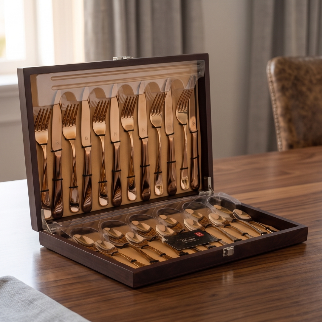 FnS Rosella rose gold stainless steel 24 pcs cutlery set with wooden gift box packaging displayed in an open presentation case.