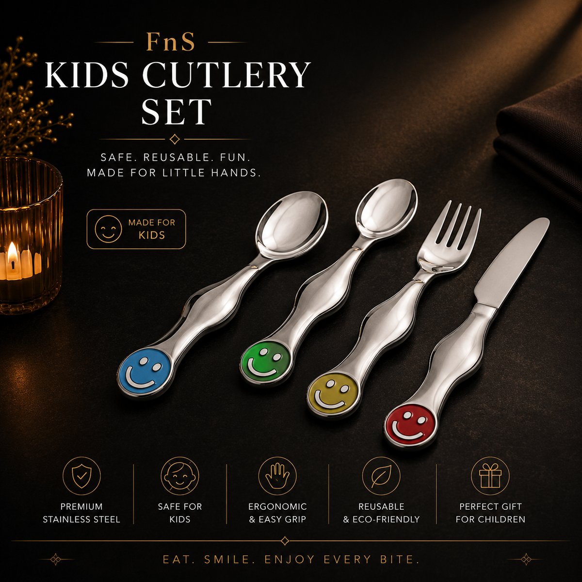 FnS Silverware Stainless Steel Cutlery Set, Safe Reusable Flatware Set for Kids & Children (1 pc Each of Dinner Spoon, Dessert Spoon, Dinner Fork & Dinner Knife/Butter Knife)