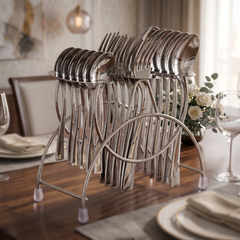FnS Slim Line stainless steel cutlery set with dinner spoons, forks and teaspoons arranged on a stand on a dining table.
