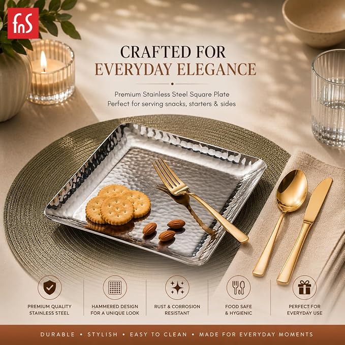 FnS square hammered finish stainless steel serving tray with snacks, featuring food-safe and corrosion-resistant design.
