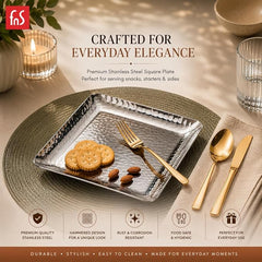 FnS square hammered finish stainless steel serving tray with snacks, featuring food-safe and corrosion-resistant design.