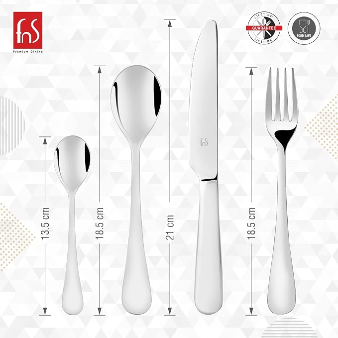 FnS Victoria 24-Pc mirror-finish stainless steel cutlery set with teaspoon, dessert spoon, knife and fork dimensions.
