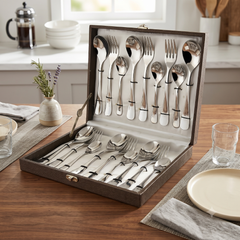 FnS Victoria 18-piece stainless steel cutlery set with spoons and forks arranged in a leatherette box on a dining table.