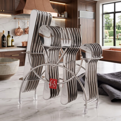 FnS Victoria 24-Pc mirror-finish stainless steel cutlery set displayed on its stand in a bright, stylish modern kitchen.