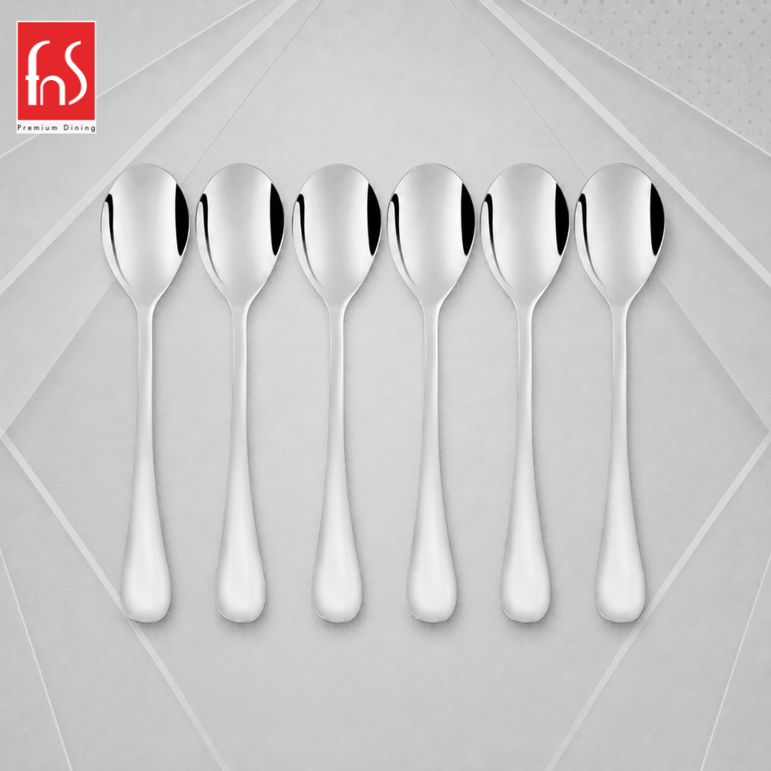 FnS Victoria 6-Pc stainless steel dessert spoon set with smooth mirror finish, arranged neatly on light grey background.