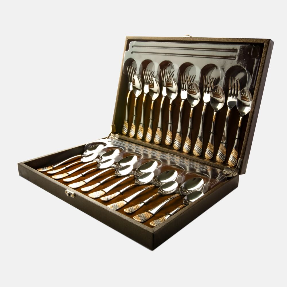 FnS Imperio 24 Karat Gold Plated 24 Pc Cutlery Set with Wooden Box