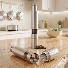 FnS Pigeon Stainless Steel 2 in 1 Salt and Pepper Grinder with dual compartments displayed on a clean and lite kitchen.
