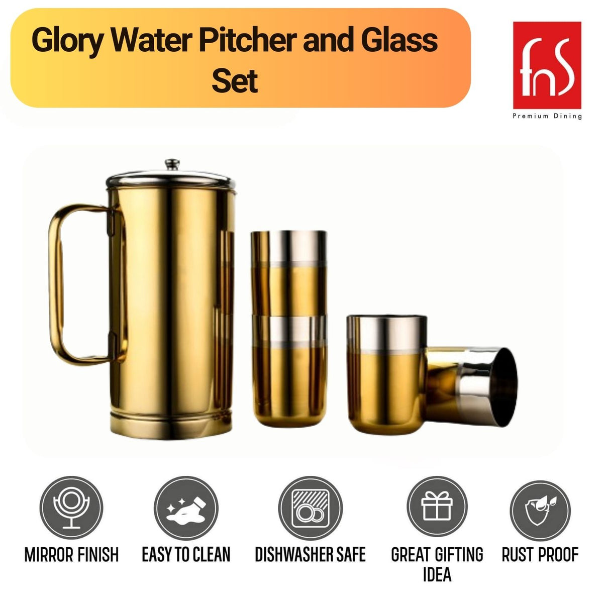 FnS Glory stainless steel Water pitcher and glass gold