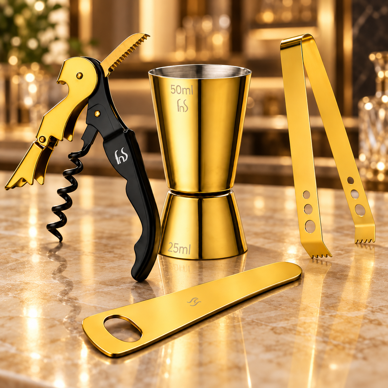FnS 4 pcs Bar Tools Set in Gold Finish on the premium table.