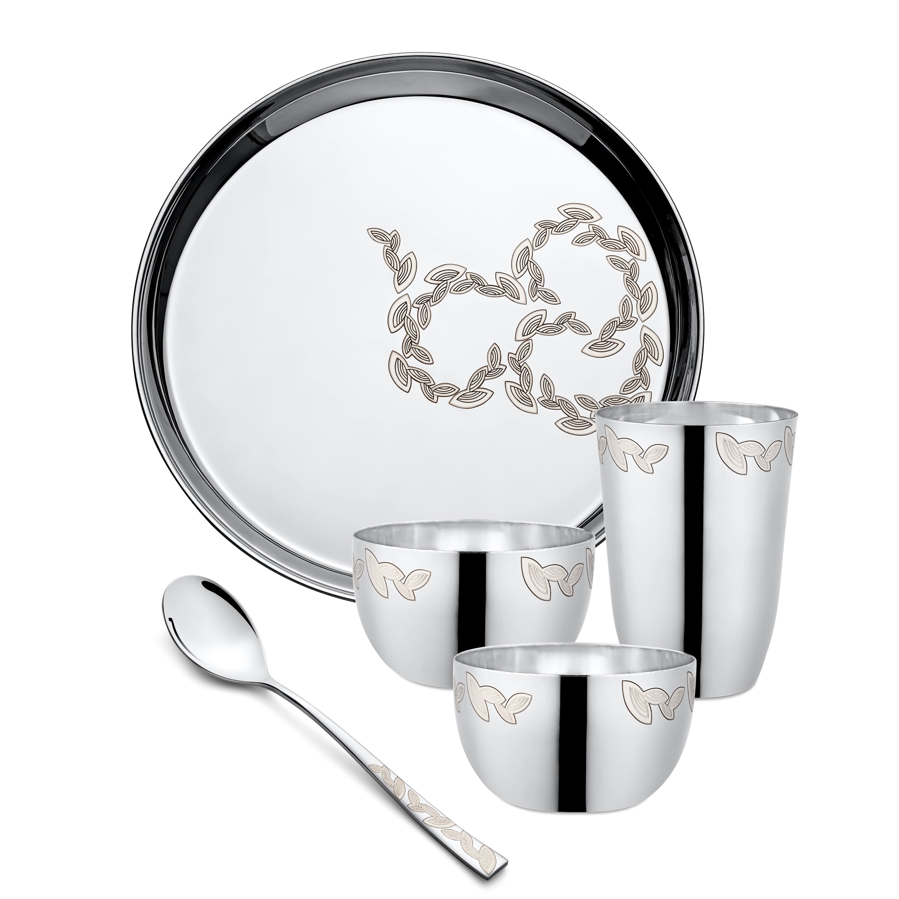 Mirror-finish stainless steel dinnerware set with elegant leaf wreath pattern etched on a large round plate, two small bowls with repeated leaf motifs, one tall glass, and a spoon with matching leaf design on handle.