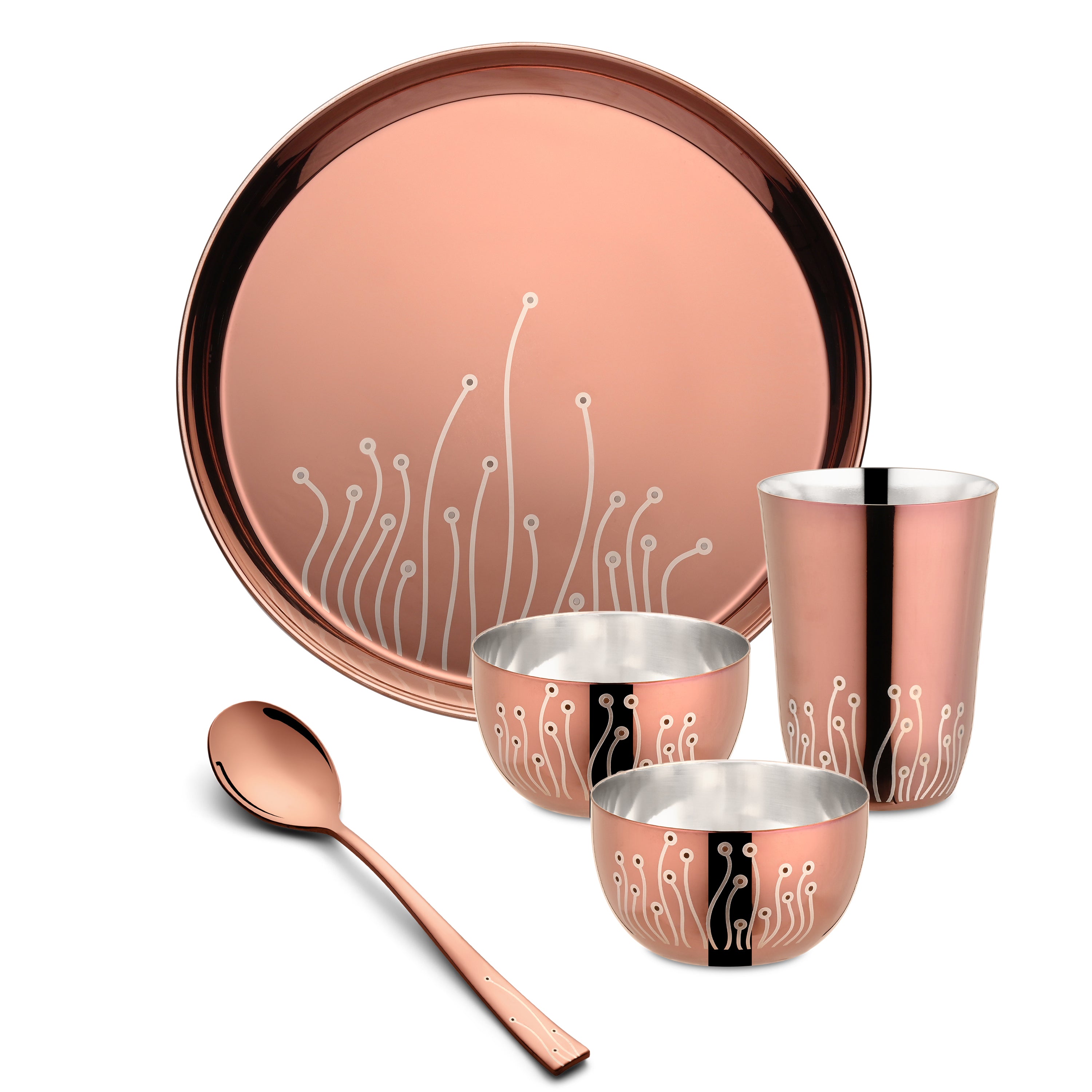 Rose gold metallic dinnerware set with minimalist botanical design showing delicate stem and flower patterns on a large round plate, two small bowls, one tall glass, and a coordinating rose gold spoon.