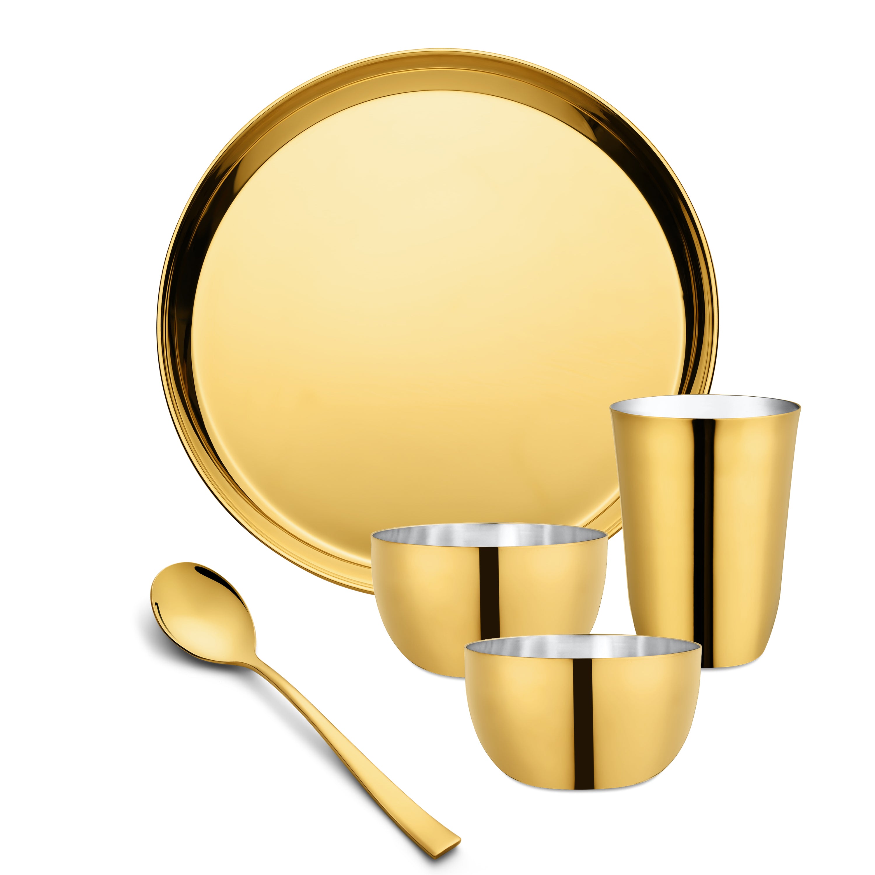 Glossy rose‑gold kids thali set with a plain round plate, two small bowls, a tall tumbler and a matching spoon arranged neatly on a white background.
