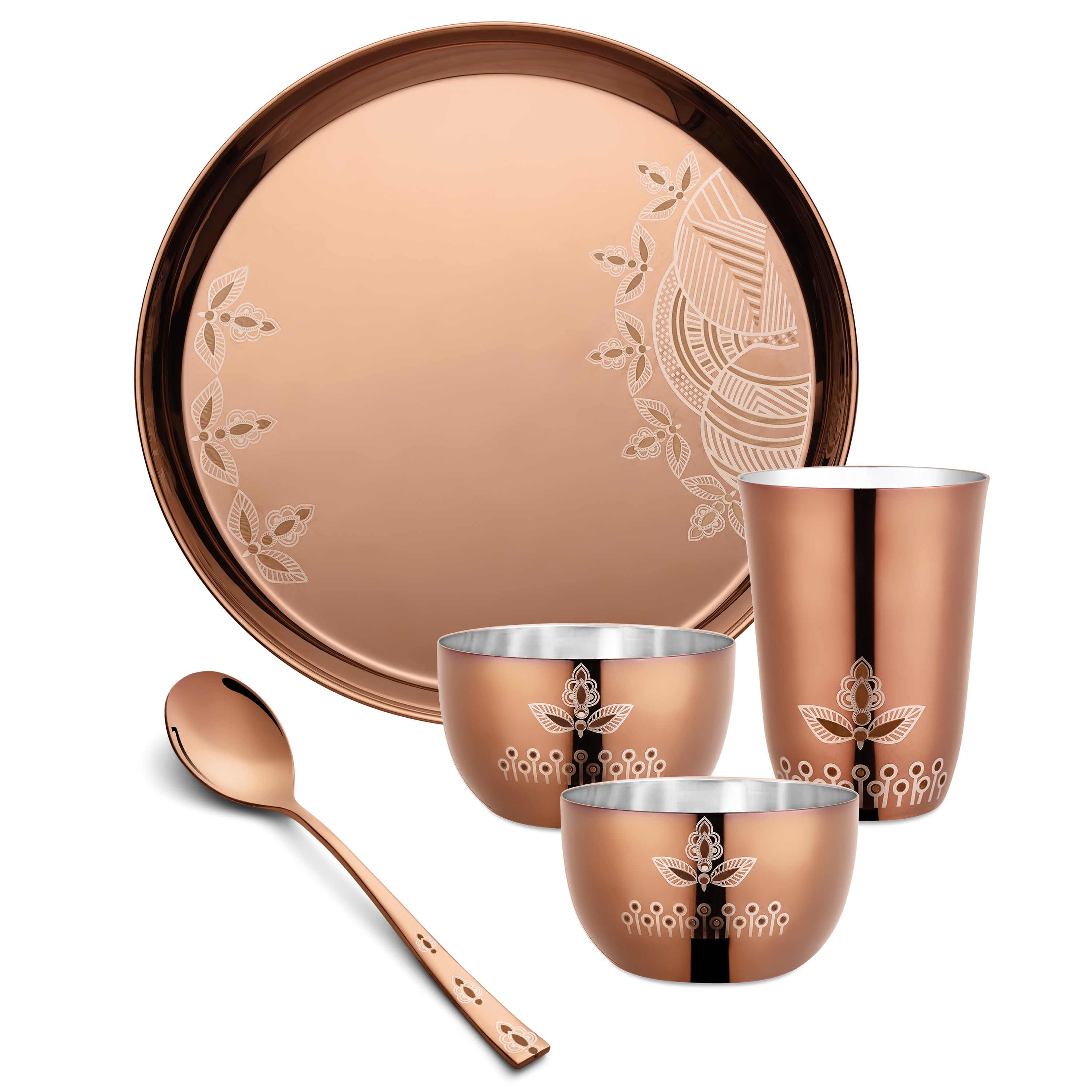 Copper-finish stainless steel dinnerware set with intricate ethnic motifs including a large serving tray with paisley and mandala designs, two small bowls, one tall glass, and a matching copper spoon.