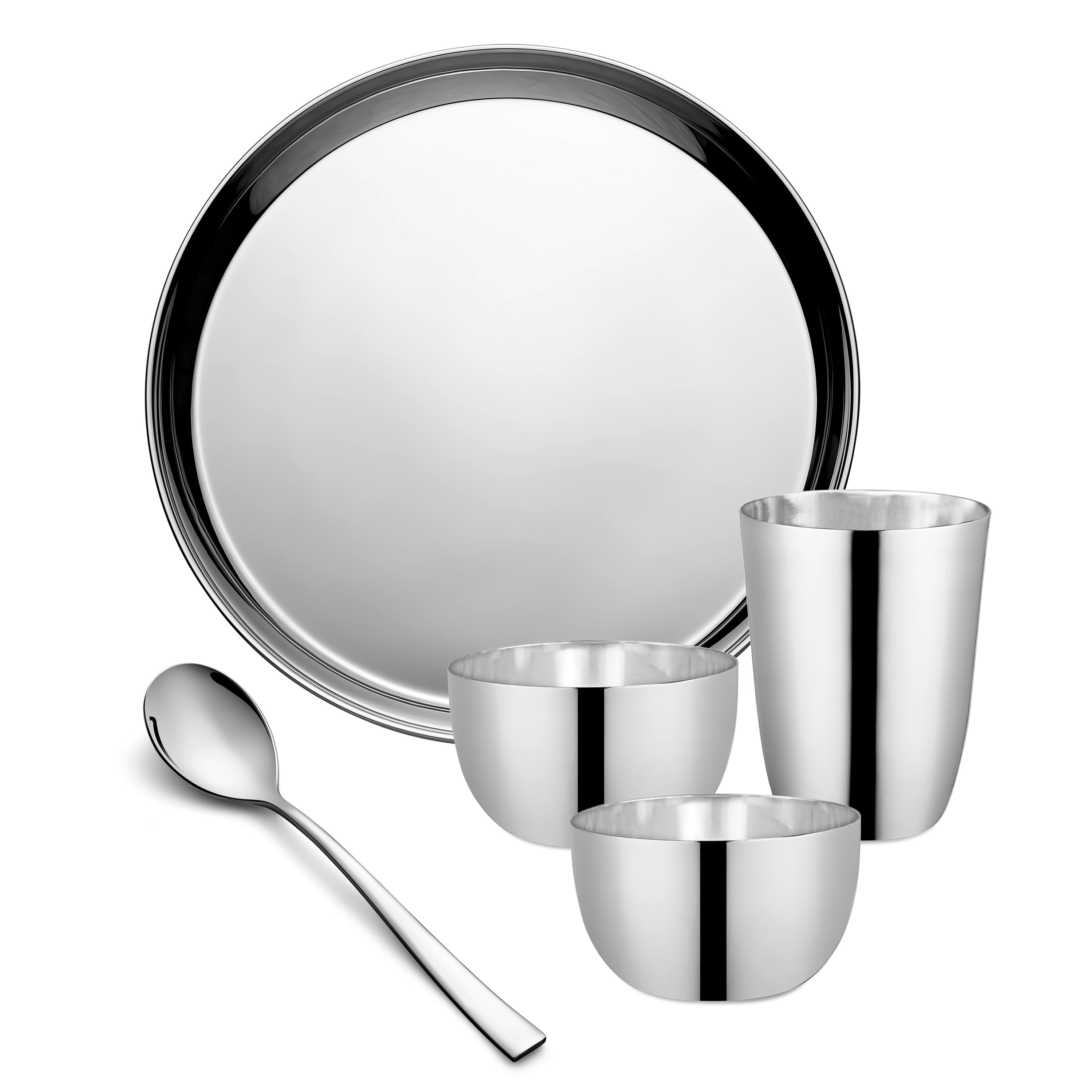 A polished stainless steel thali set featuring one round plate, two small bowls, a tall tumbler, and a spoon placed in front, displayed against a plain white background.
