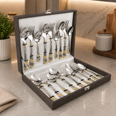 FnS Imperio 18 Pc 24 Karat Gold Plated Cutlery Set with Leatherette Box