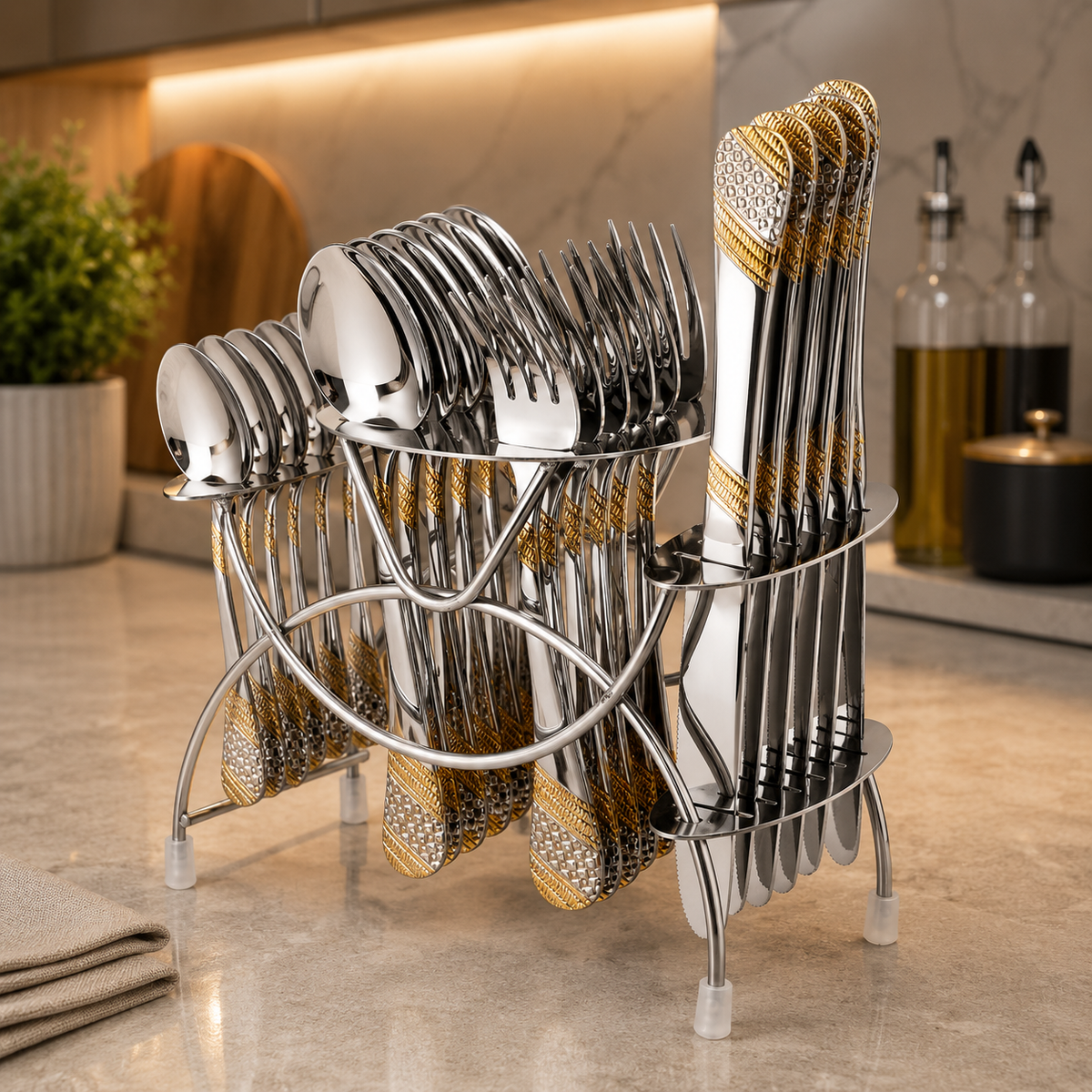 FnS Imperio 24 Karat Gold Plated 24 Pc Cutlery Set