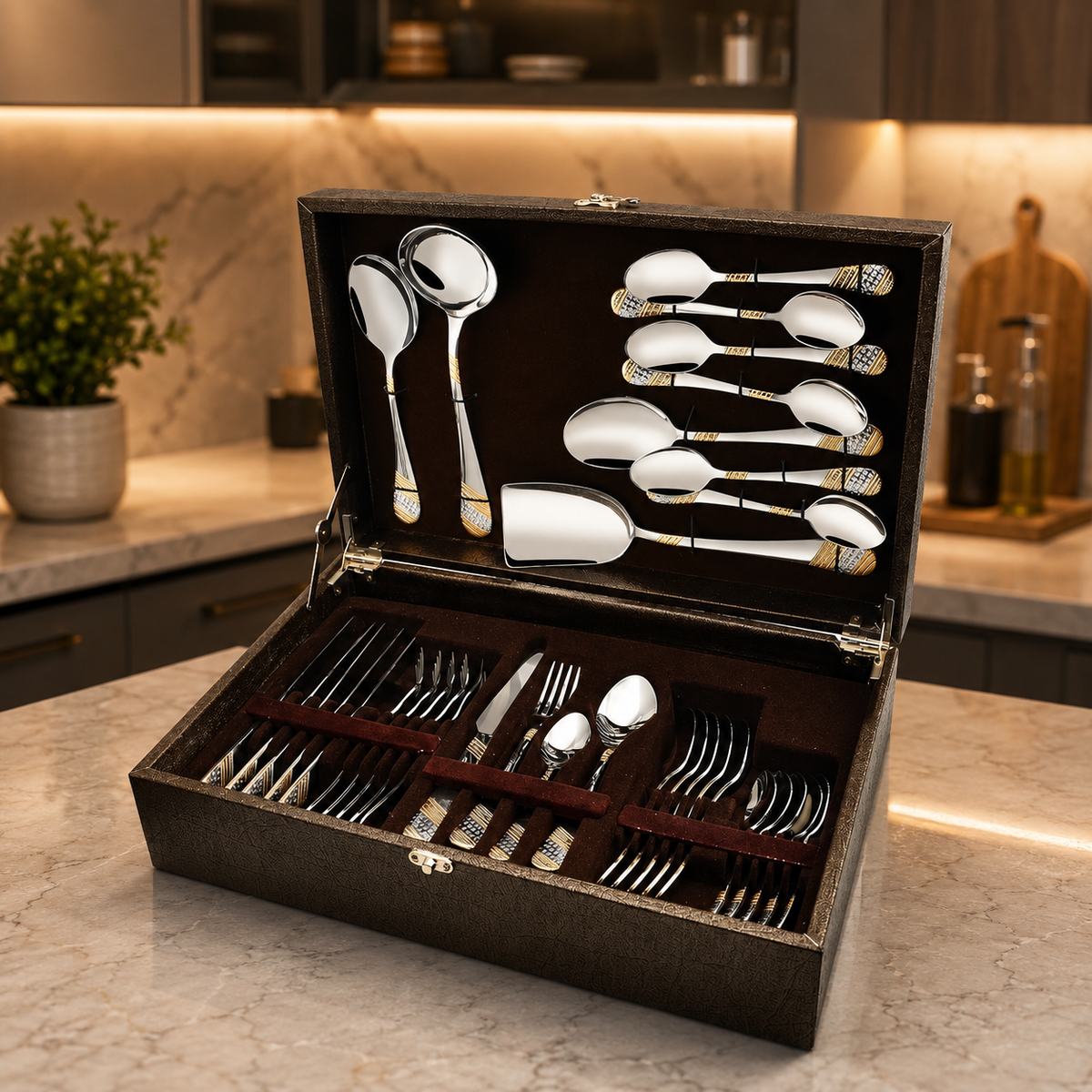 FnS Imperio 34 pcs 24 Karat Gold Plated Cutlery Set with Leatherette Box Packaging