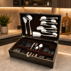 FnS Imperio 34 pcs 24 Karat Gold Plated Cutlery Set with Leatherette Box Packaging