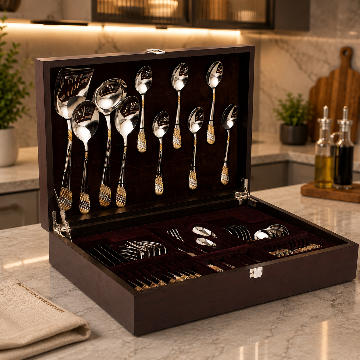 FnS Imperio Gold Plated 34 pcs Cutlery Set with Wooden Box Packaging