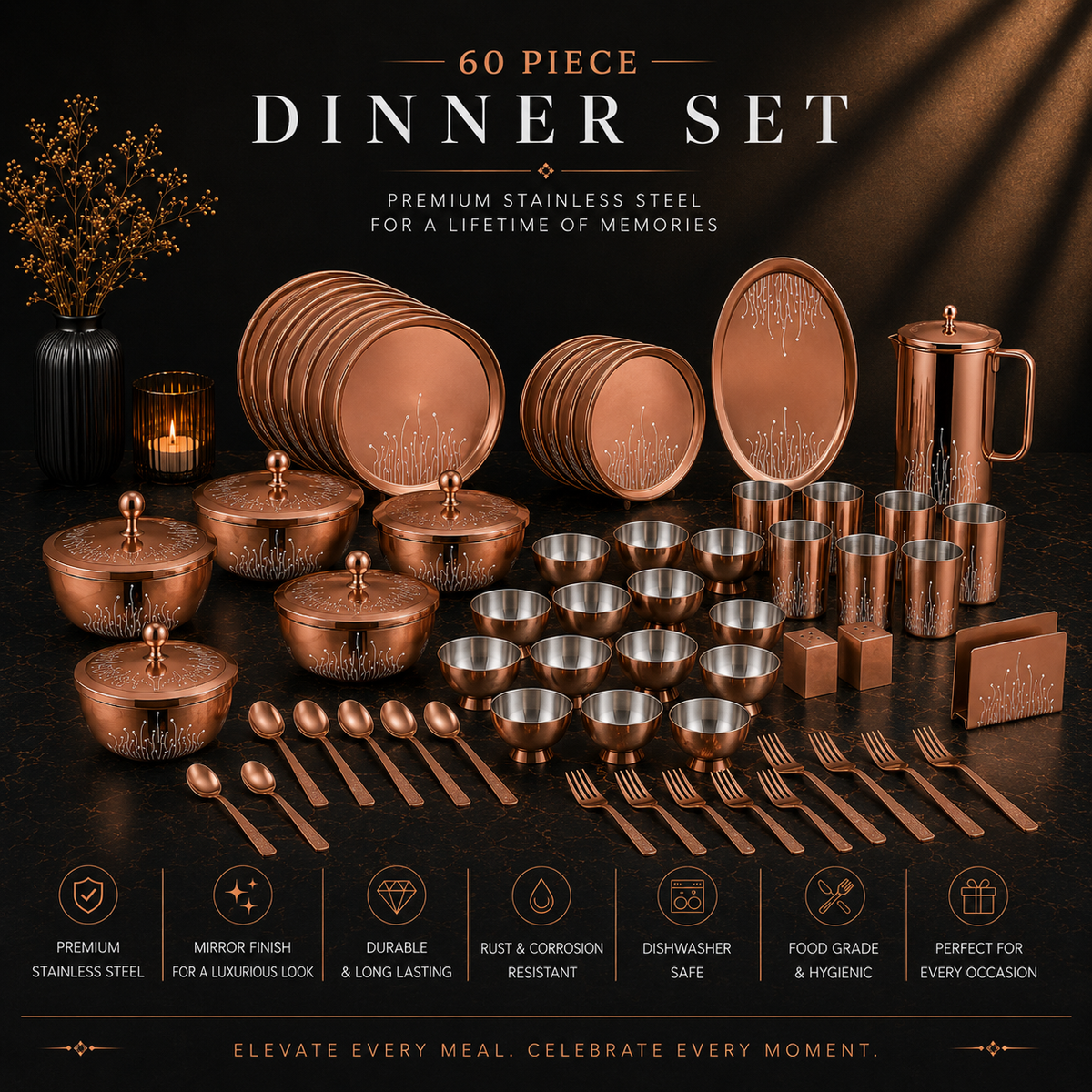 FnS LEHEREN Stainless Steel Rose Gold Dinner Set (60pcs)