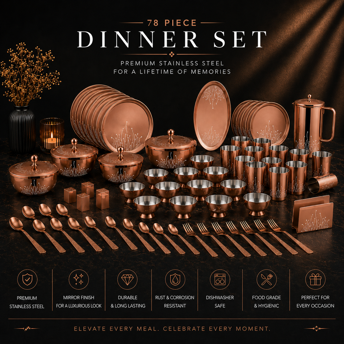 FnS LEHEREN Stainless Steel Rose Gold Dinner Set (78pcs)