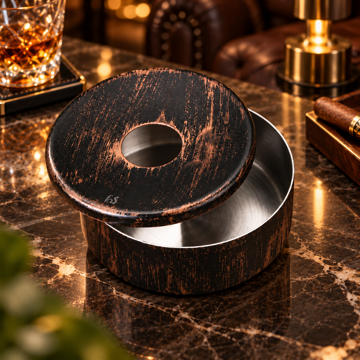 FNS black wooden finish ashtray with removable lid on the premium table.