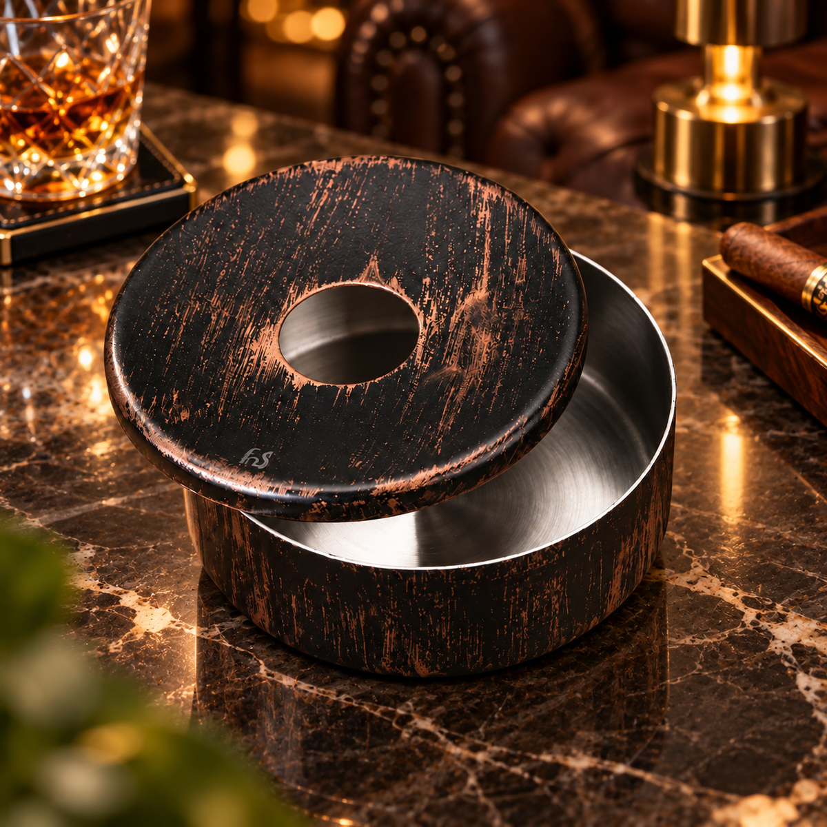 FNS black wooden finish ashtray with removable lid on the premium table.