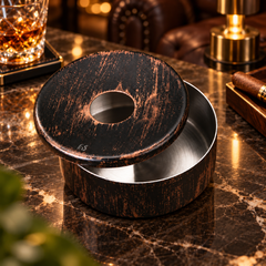 FNS black wooden finish ashtray with removable lid on the premium table.