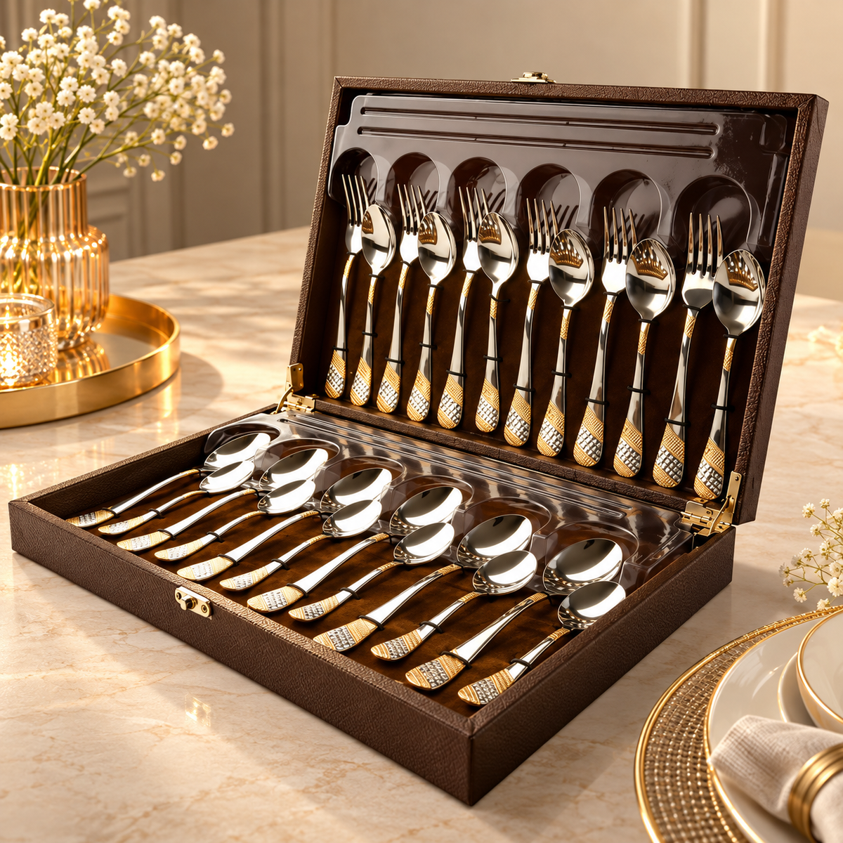 FnS Imperio 24 Karat gold plated 24 pcs stainless steel cutlery set with premium wooden box for elegant dining and gifting.
