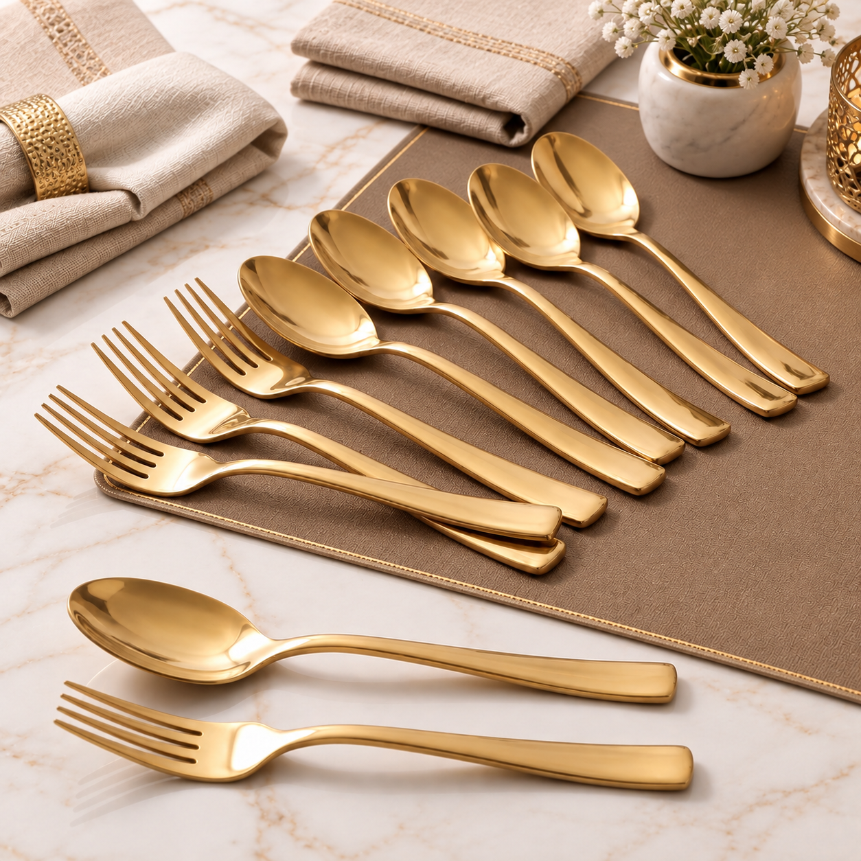 Montavo by FnS Alexa Gold 12 Pc stainless steel cutlery set with polished spoons and forks arranged on a dining table.