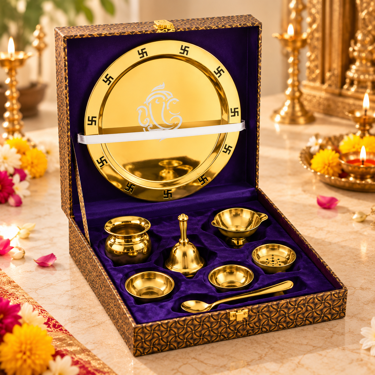 FnS Vandan 7-Pc Gold Stainless Steel Pooja Thali Set with Box
