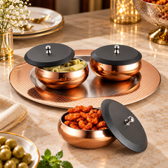 FnS Georgia 4-Pc Rose Gold Stainless Steel Serving Bowl Set with Tray