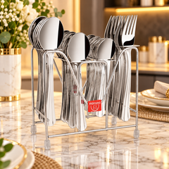 Montavo by FnS Flair 24 Pcs Stainless Steel Cutlery Set with Stand displayed on a modern kitchen table with mirror finish.