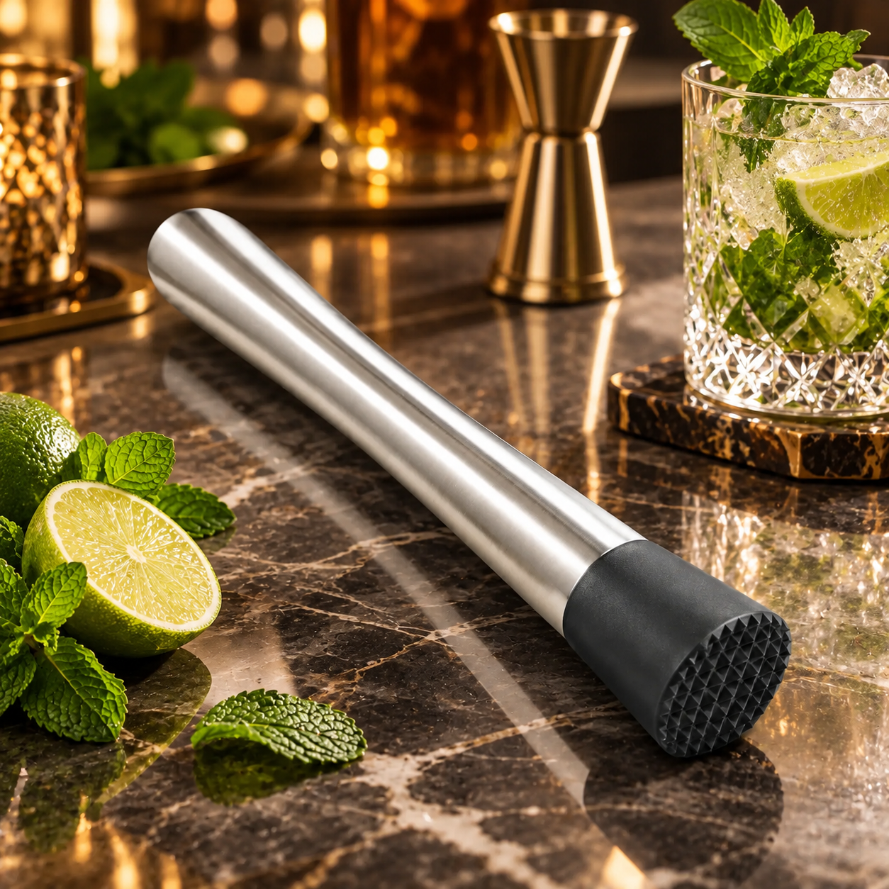 Montavo Cocktail Muddler and Fruit Crusher with stainless steel handle and black textured base beside lime and fresh mint.