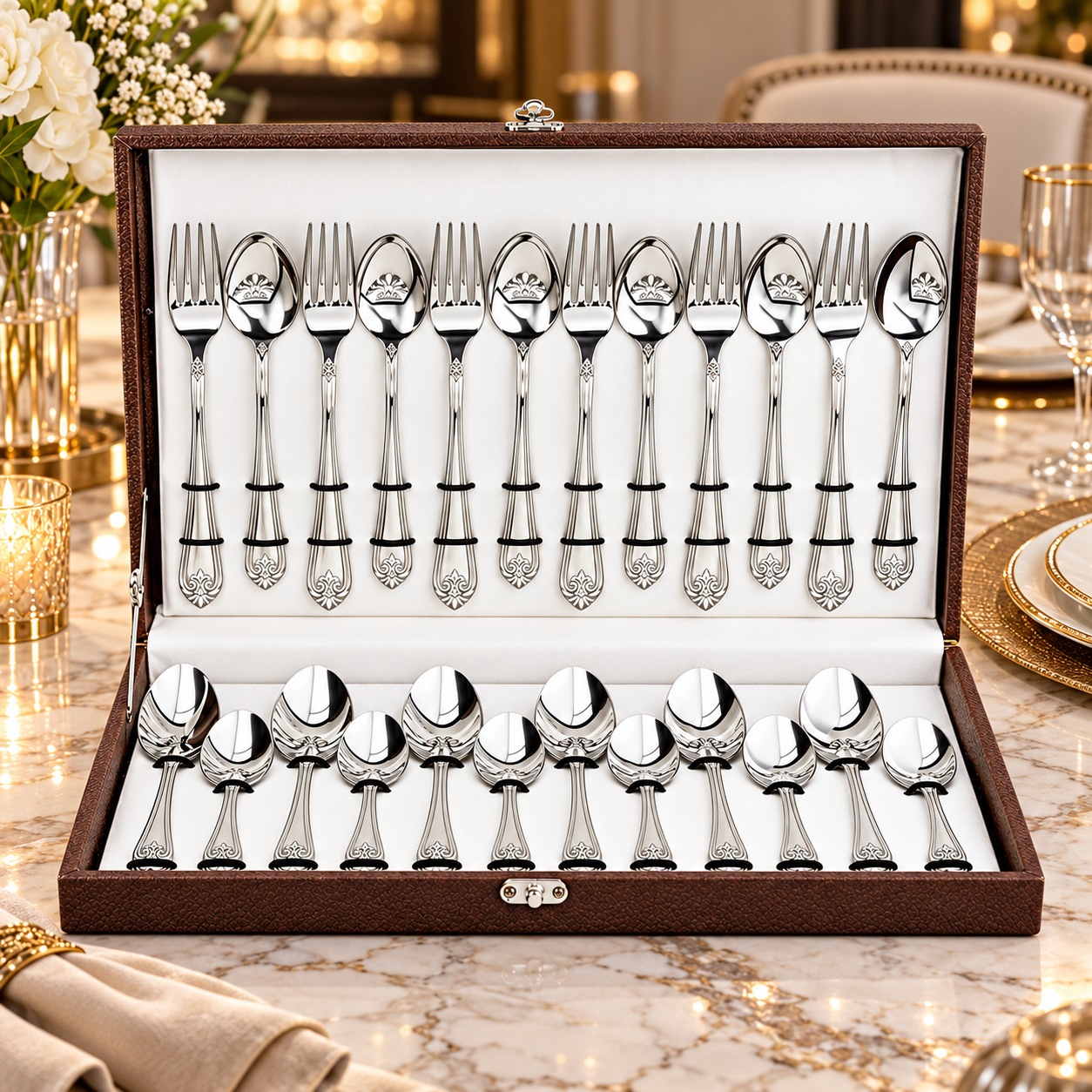 FnS Manchester Cutlery Set with Leatherette Box Sitting on the dining table.