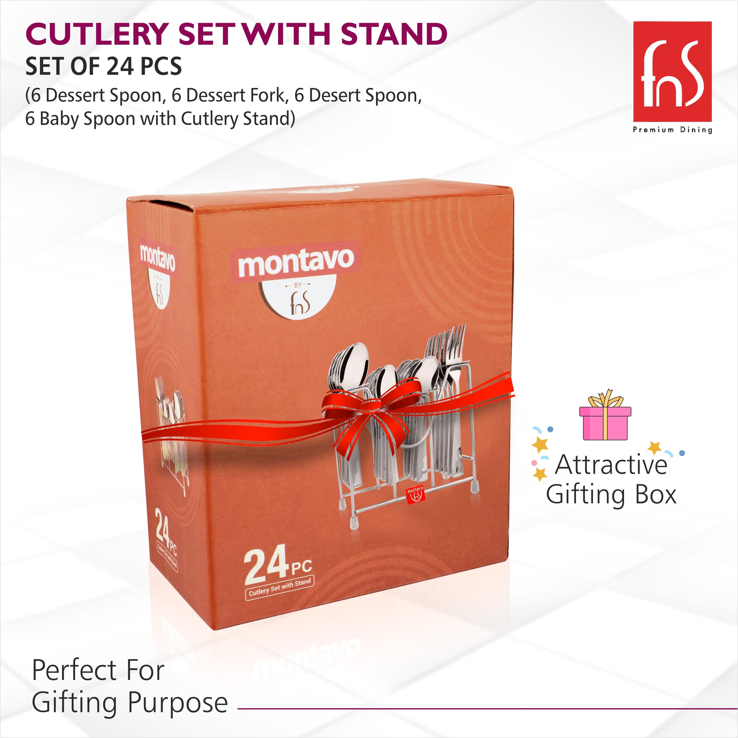 Montavo 24 Pcs Creta Stainless Steel Cutlery Set with Stand (6 Dinner Spoon, 6 Dinner Fork, 6 Baby Spoon, 6 Tea Spoon)