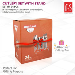 Montavo 24 Pcs Creta Stainless Steel Cutlery Set with Stand (6 Dinner Spoon, 6 Dinner Fork, 6 Baby Spoon, 6 Tea Spoon)