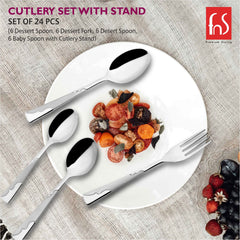 Montavo 24 Pcs Creta Stainless Steel Cutlery Set with Stand (6 Dinner Spoon, 6 Dinner Fork, 6 Baby Spoon, 6 Tea Spoon)