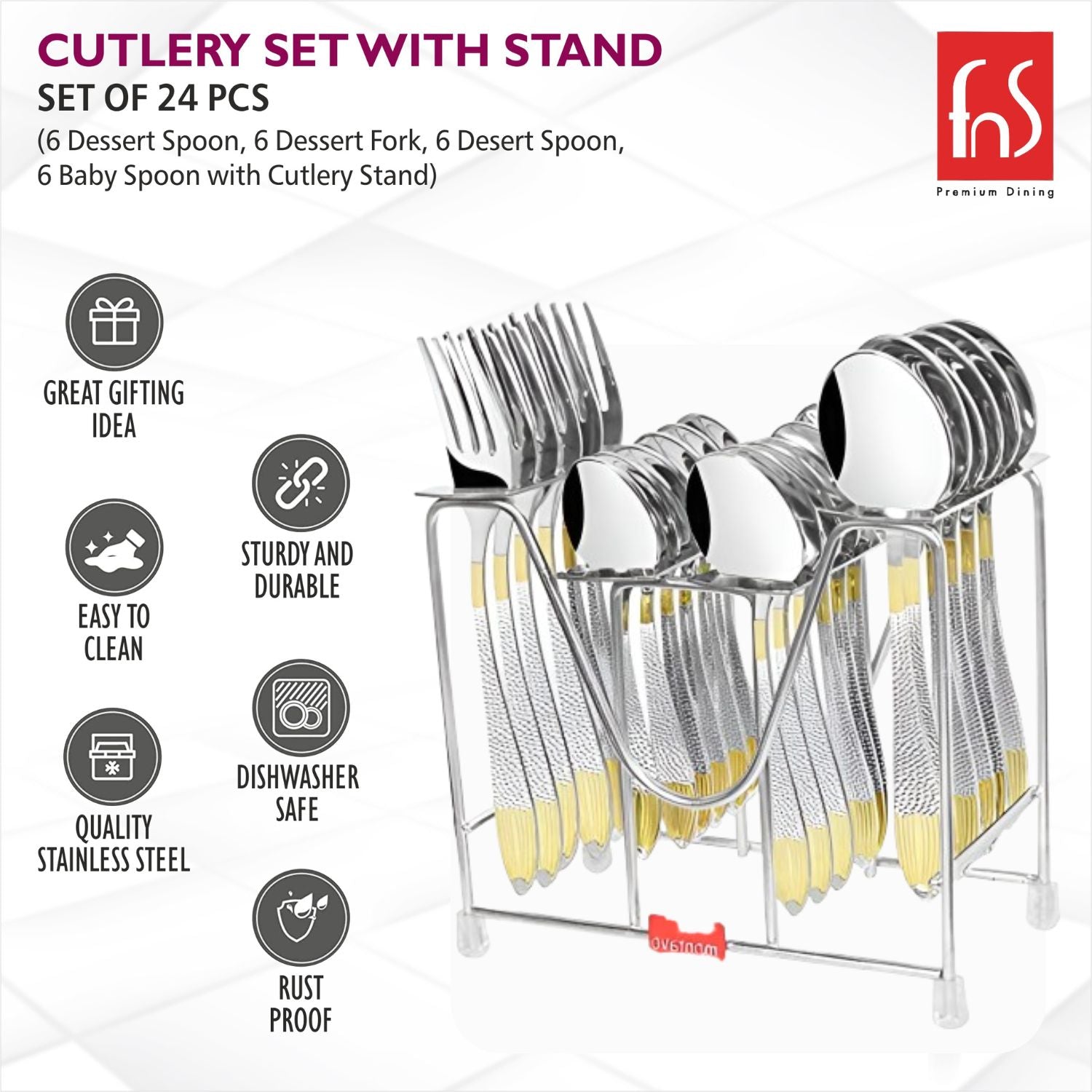 Montavo by FnS Passion Real Gold Plated Cutlery Set 24 pcs with Hanging Stand
