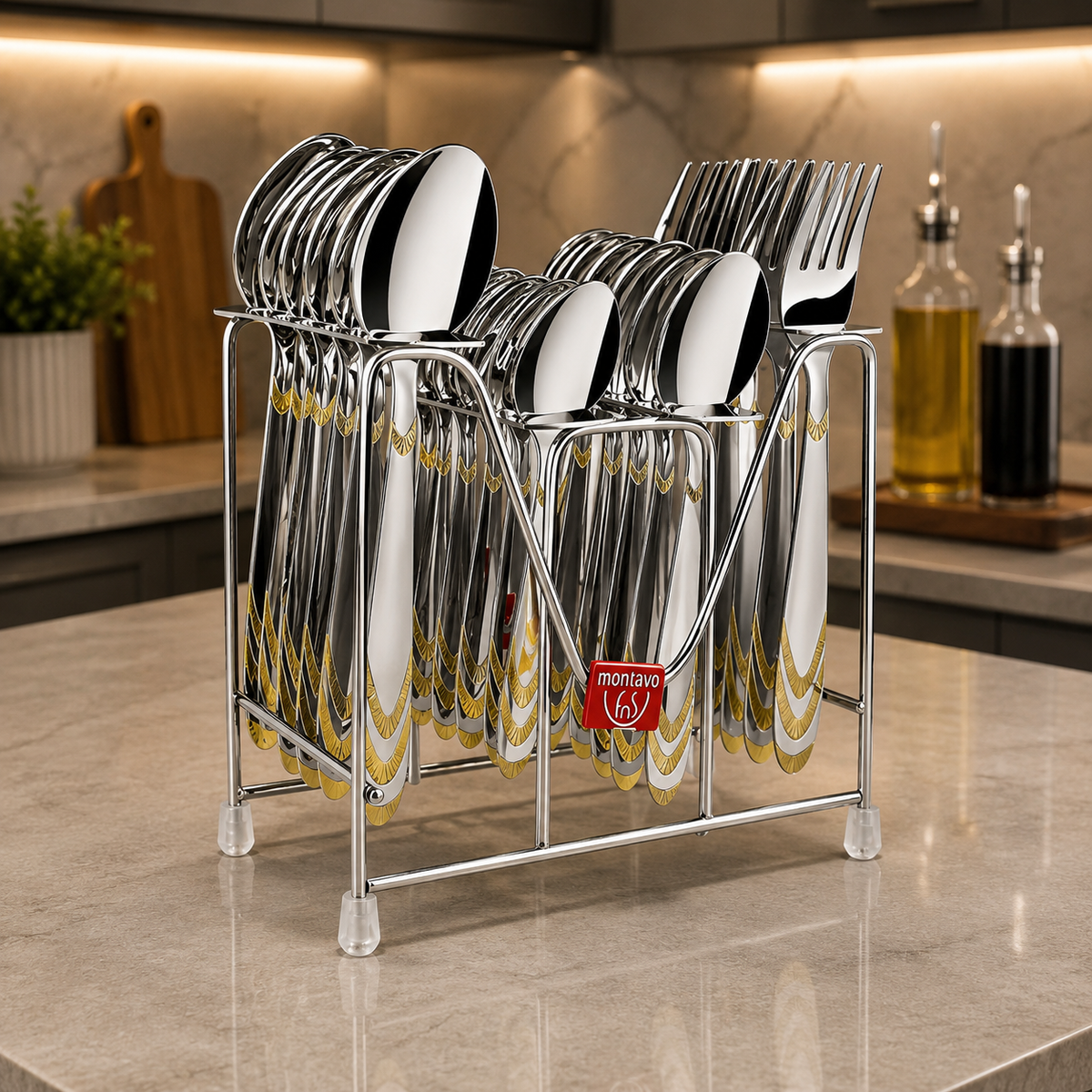 Montavo by FnS Magna 24 Karat Gold Plated 24 Pcs Cutlery Set with Hanging Stand