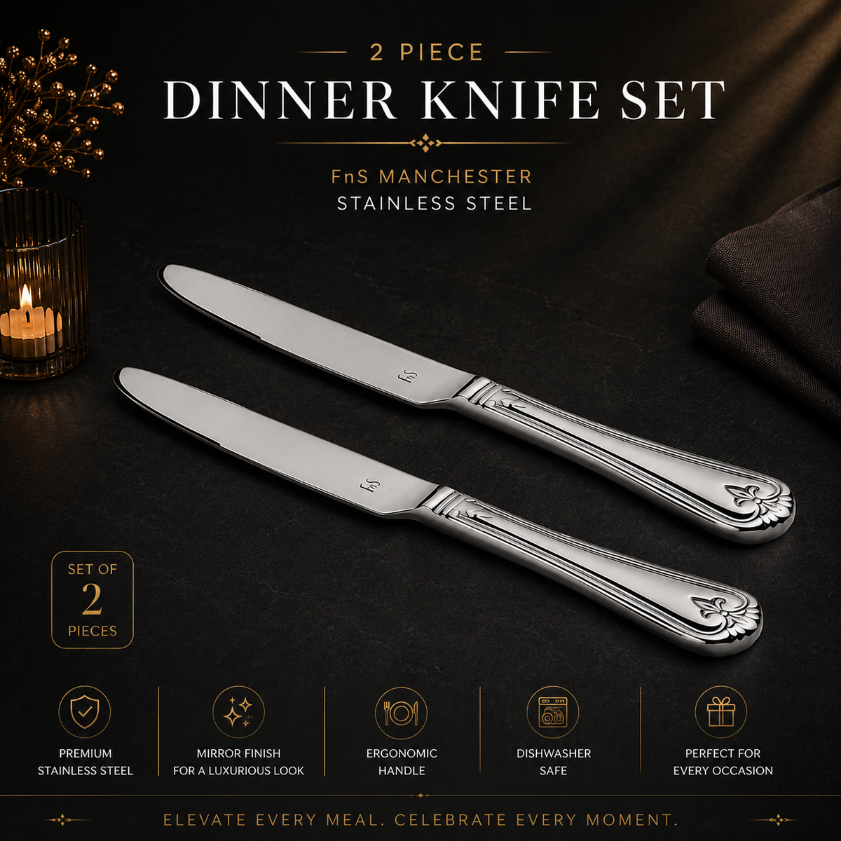 FnS Manchester Stainless Steel Dinner Knife Set of 2 pcs