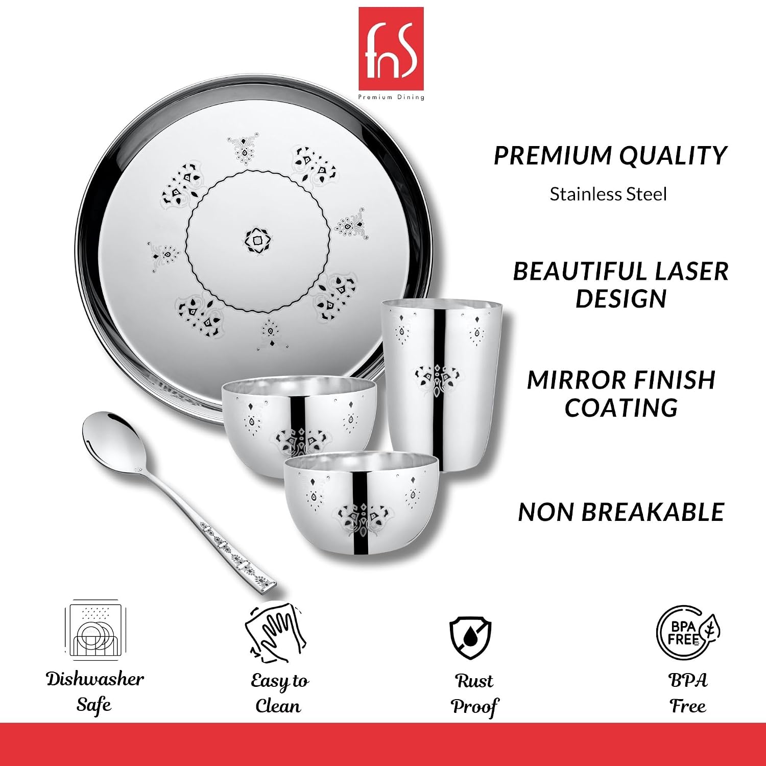 FnS Mandala Laser Design Stainless Steel 5 pcs Dinner Thali Set