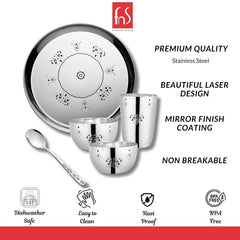 FnS Mandala Laser Design Stainless Steel 5 pcs Dinner Thali Set