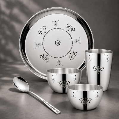 FnS Mandala Laser Design Stainless Steel 5 pcs Dinner Thali Set