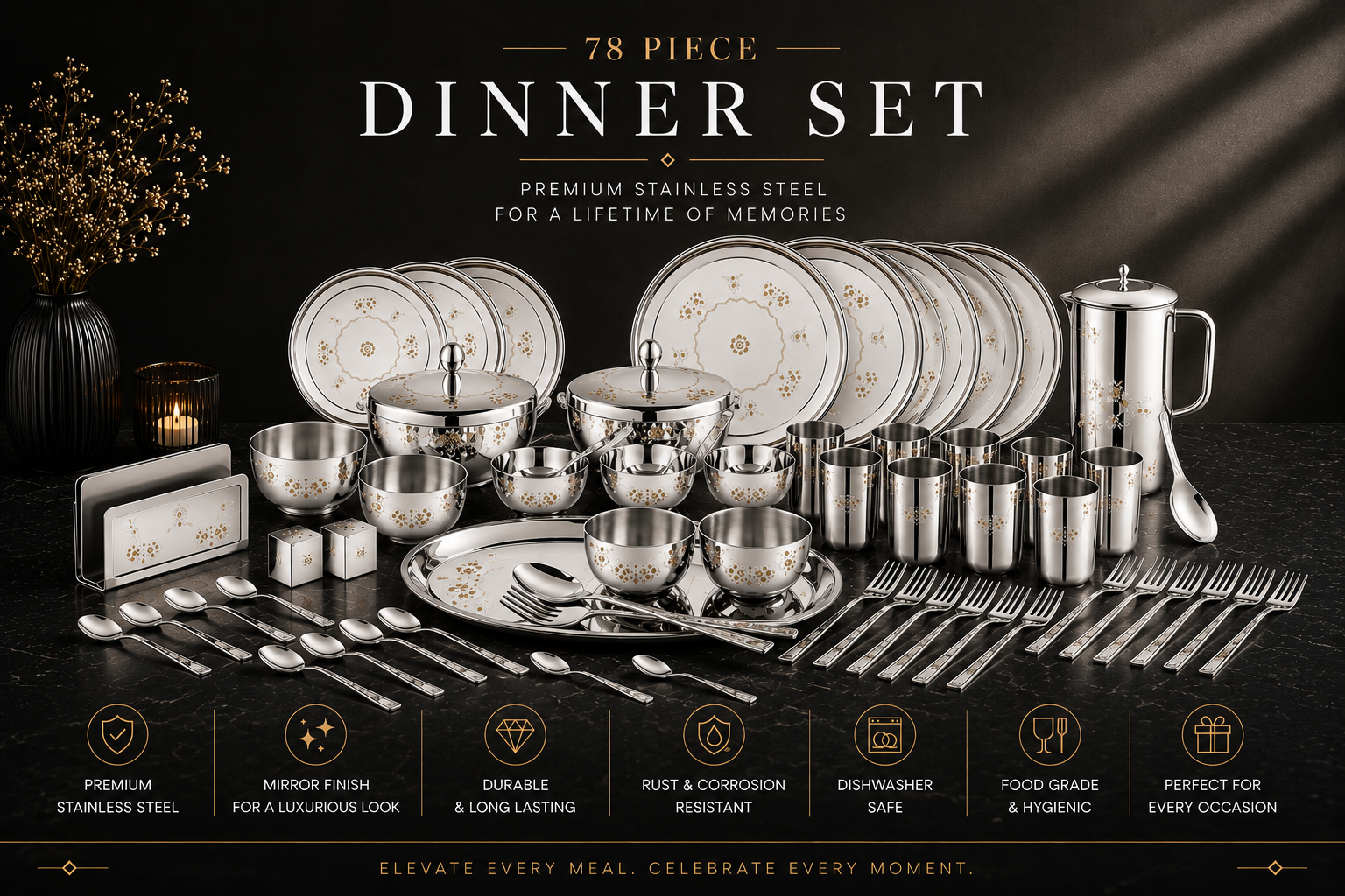 FnS MANDALA Stainless Steel Dinner Set (78 pcs)