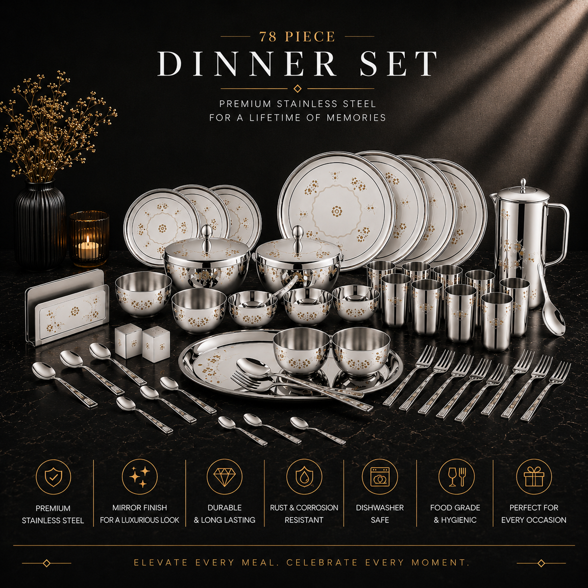 FnS MANDALA Stainless Steel Dinner Set (78 pcs)