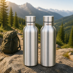 Montavo by FnS Mist 1 litre stainless steel water bottle set of 2 with silver caps displayed on a scenic mountain trail